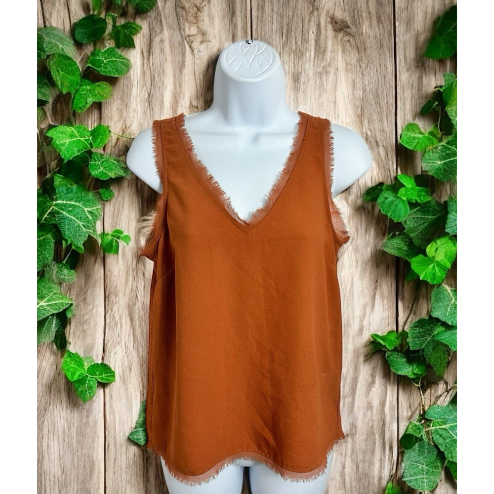 Chelsea 28 Rust Brown V-Neck Sleeveless Blouse Sz XS Raw Edge Cami Top
